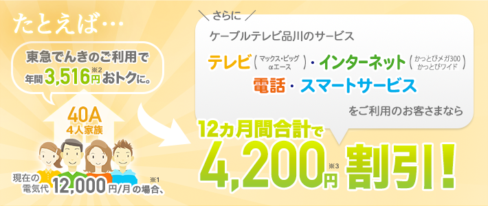 たとえば…現在の電気代13,000円／月の場合※1、東急でんきのご利用で年間3,516円おトクに。※2 　ケーブルテレビ品川のサービス、テレビ（マックス、ビッグ、αエース）・インターネット（かっとびメガ300、かっとびワイド）・ケーブルプラス電話・スマートをご利用のお客さまならさらに44,200円／年割引！※3※4